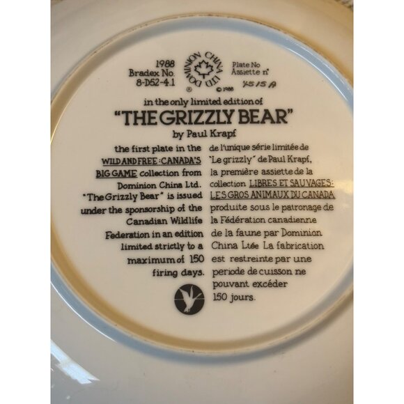 Vintage Dominion China Plate The Grizzly Bear By Paul Krapf 1988 Collector Plate - Picture 4 of 5